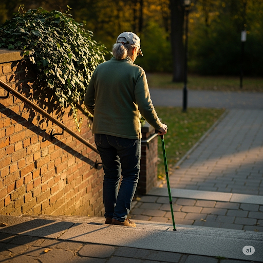 Persona bajando unas escaleras mientras utiliza el bastón verde de baja visión