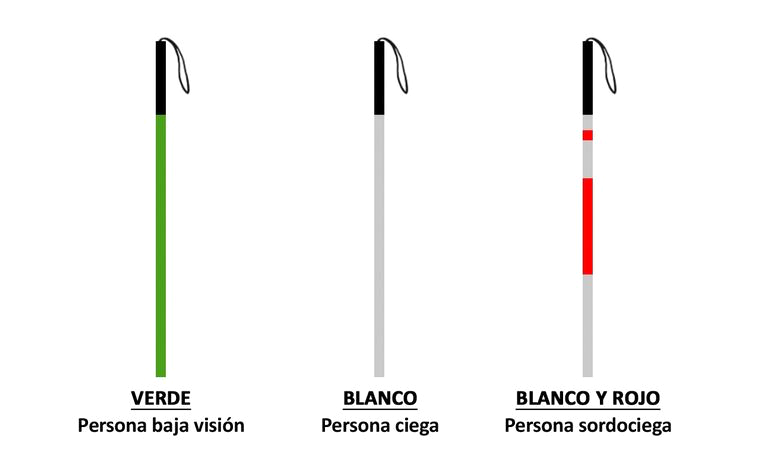 Imagen de bastones de movilidad blanco, blanco con franja roja y verde.